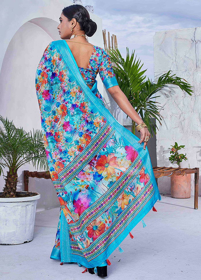 Blue Linen Silk Saree With Blouse Piece