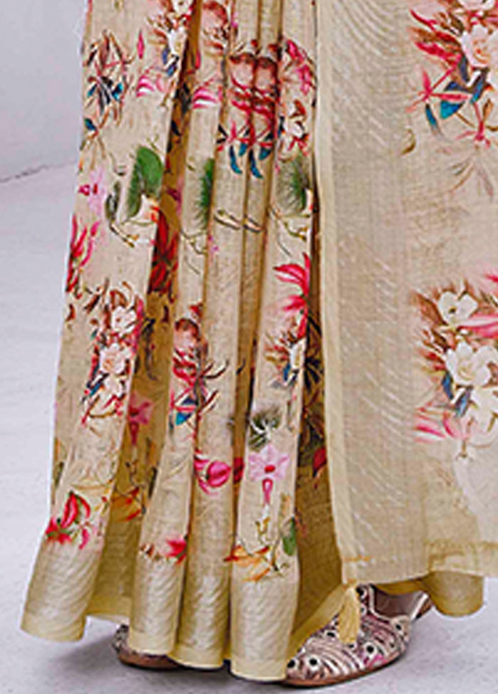 Beige Linen Silk Saree With Blouse Piece