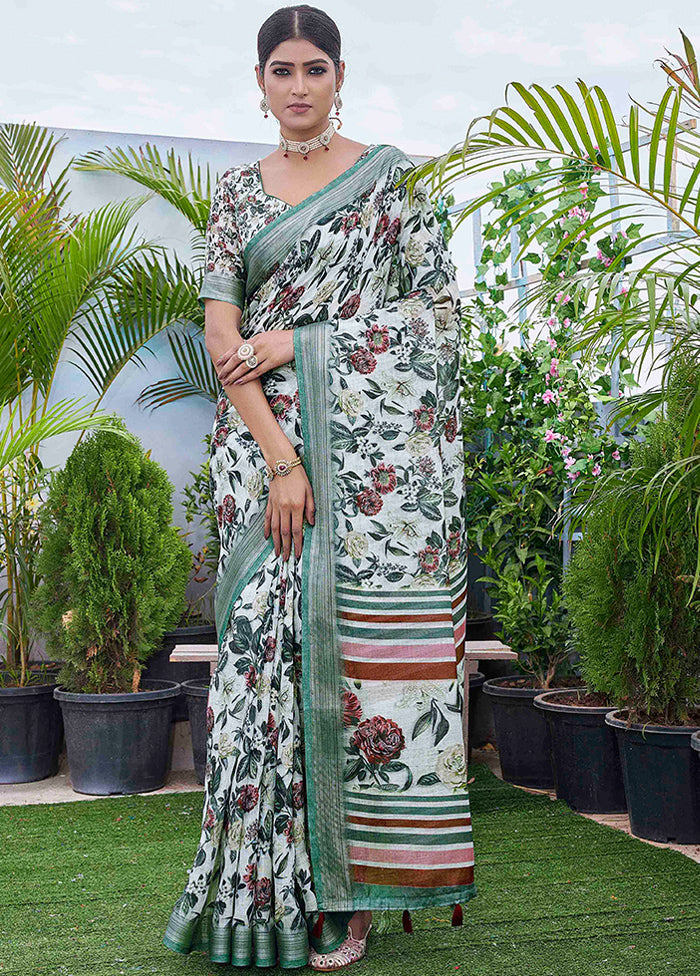 Green Linen Silk Saree With Blouse Piece