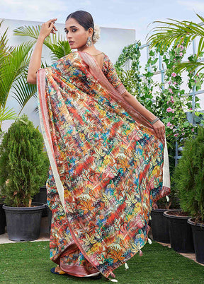 Multicolor Linen Silk Saree With Blouse Piece