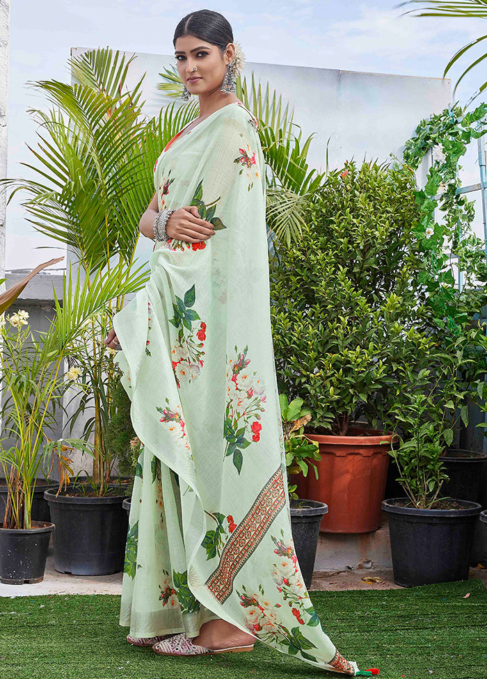 Sea Green Linen Silk Saree With Blouse Piece