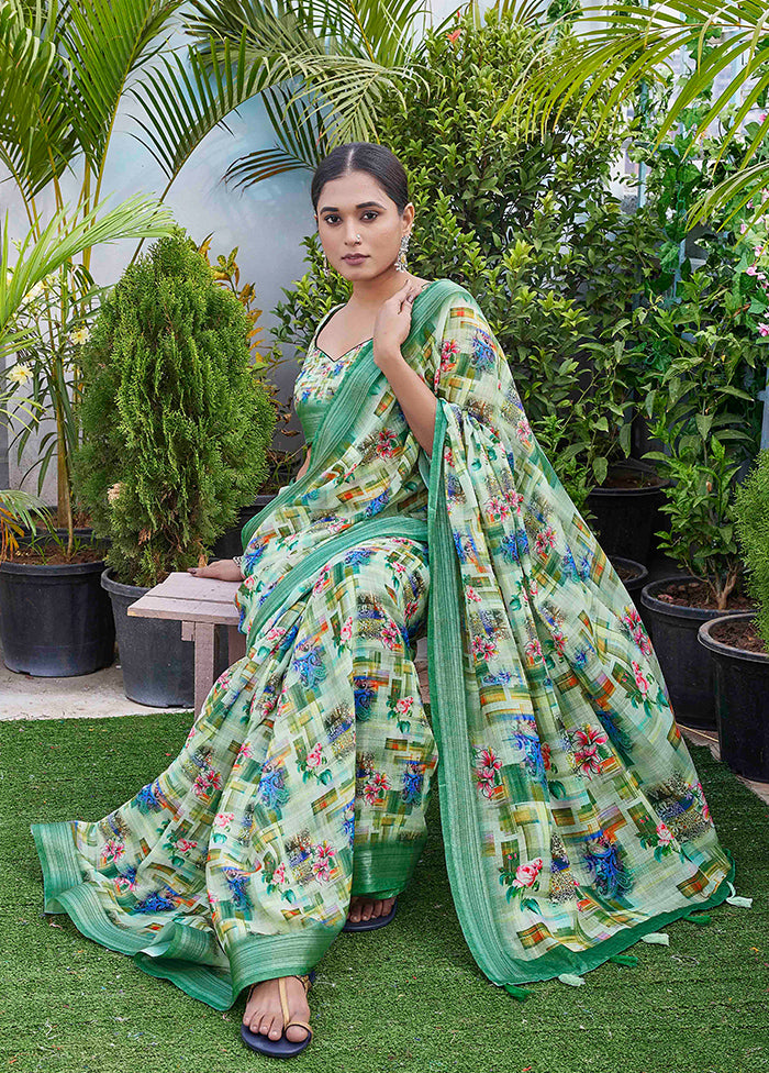 Sea Green Linen Silk Saree With Blouse Piece