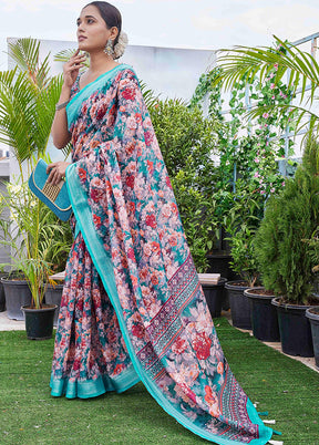 Sea Green Linen Silk Saree With Blouse Piece