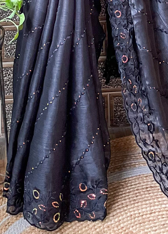 Black Dupion Silk Saree With Blouse Piece