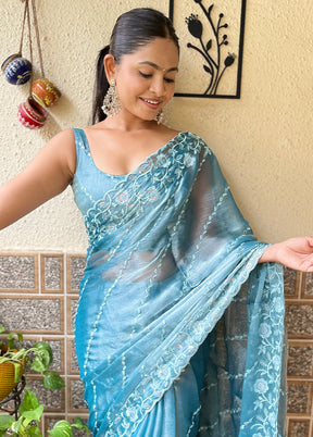 Sky Blue Dupion Silk Saree With Blouse Piece