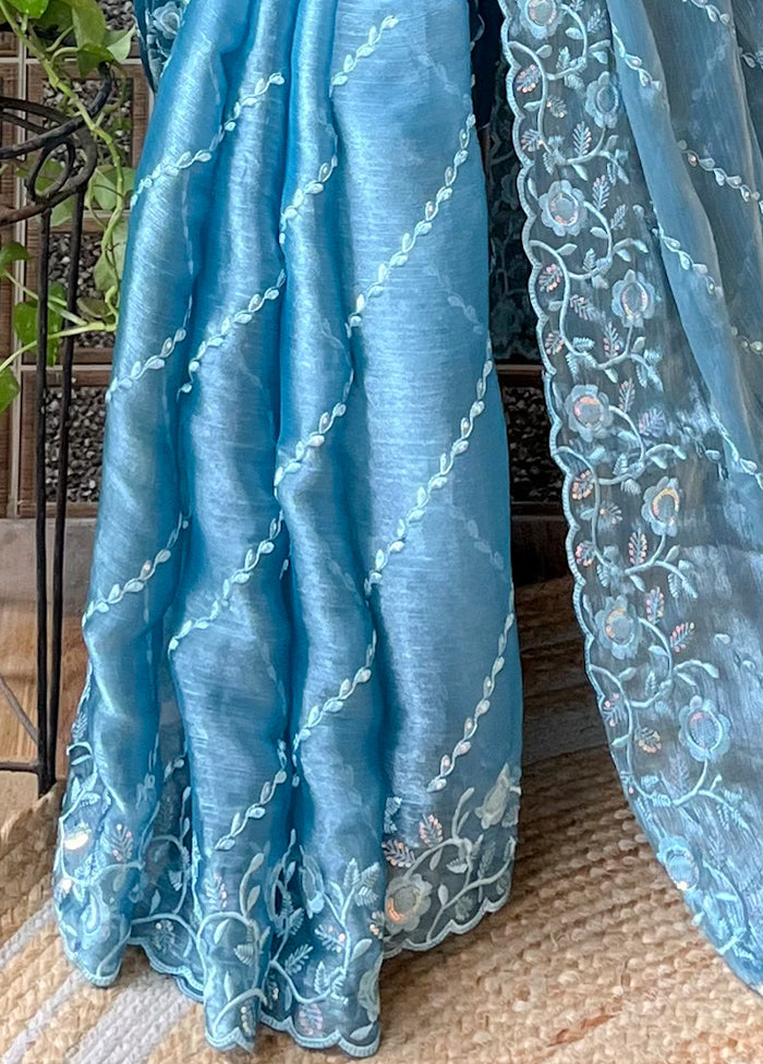 Sky Blue Dupion Silk Saree With Blouse Piece