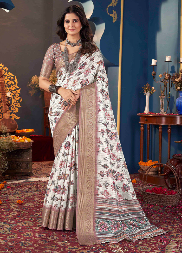 White Dupion Silk Saree With Blouse Piece