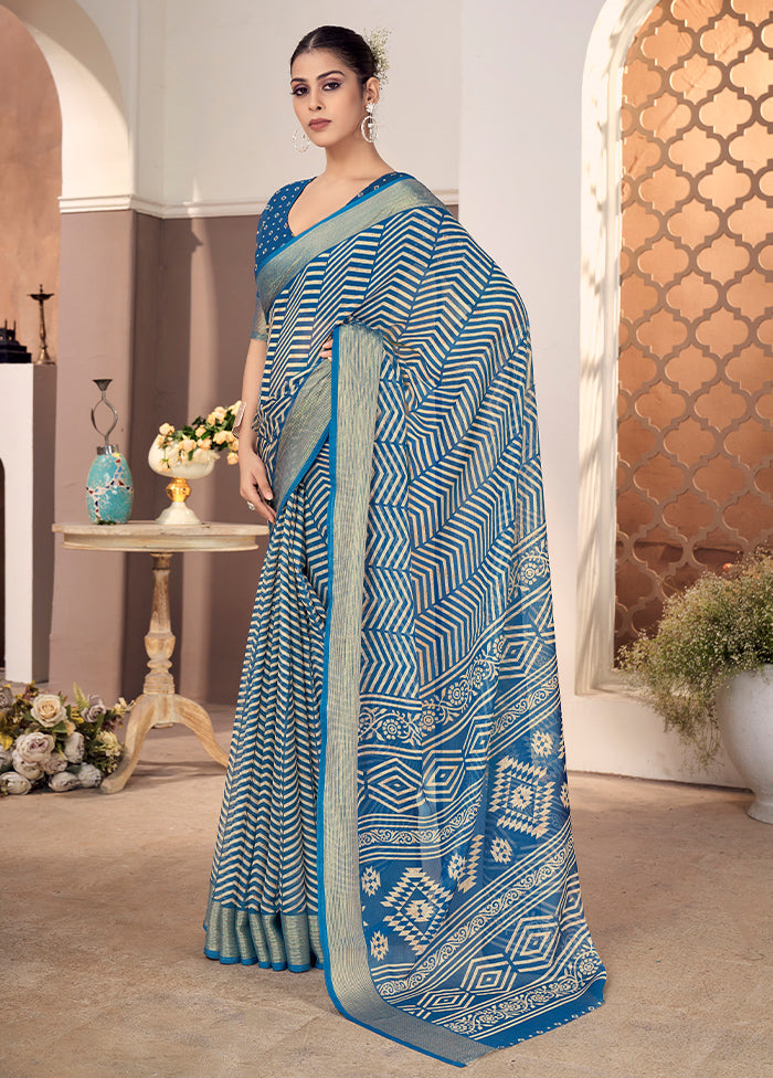 Navy Blue Chiffon Silk Saree With Blouse Piece