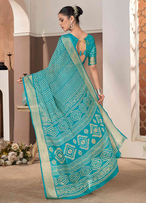 Teal Blue Chiffon Silk Saree With Blouse Piece