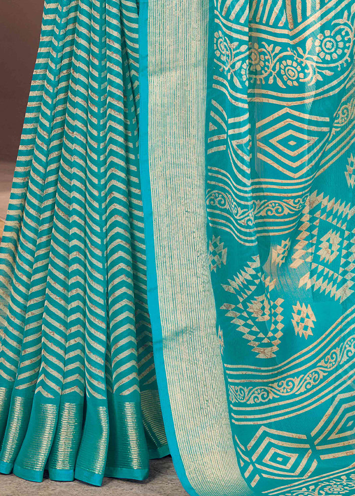 Teal Blue Chiffon Silk Saree With Blouse Piece