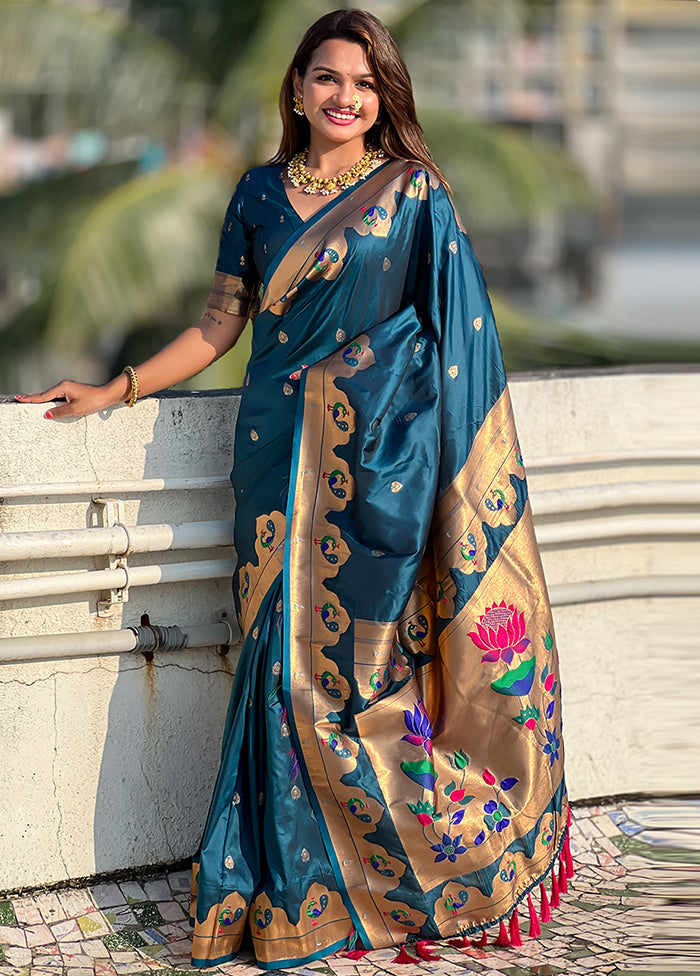 Teal Blue Spun Silk Saree With Blouse Piece