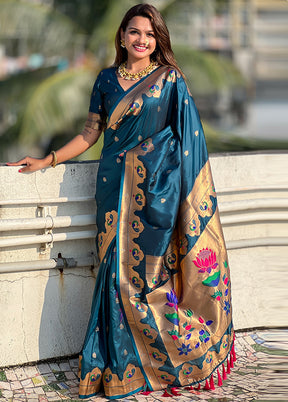 Teal Blue Spun Silk Saree With Blouse Piece