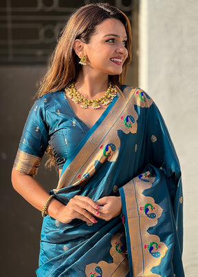 Teal Blue Spun Silk Saree With Blouse Piece