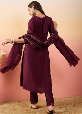 3 Pc Maroon Readymade Silk Suit Set