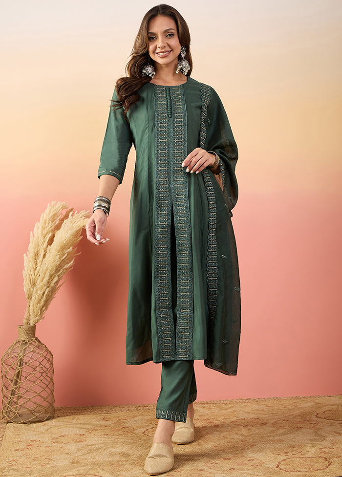 3 Pc Green Readymade Silk Suit Set