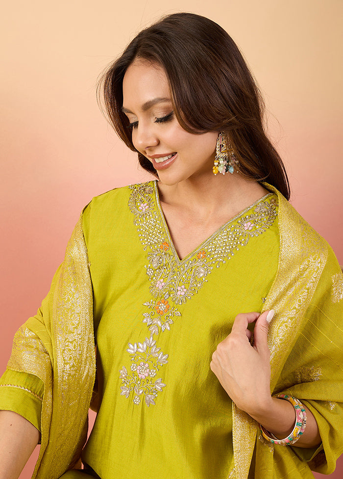 3 Pc Yellow Readymade Silk Suit Set