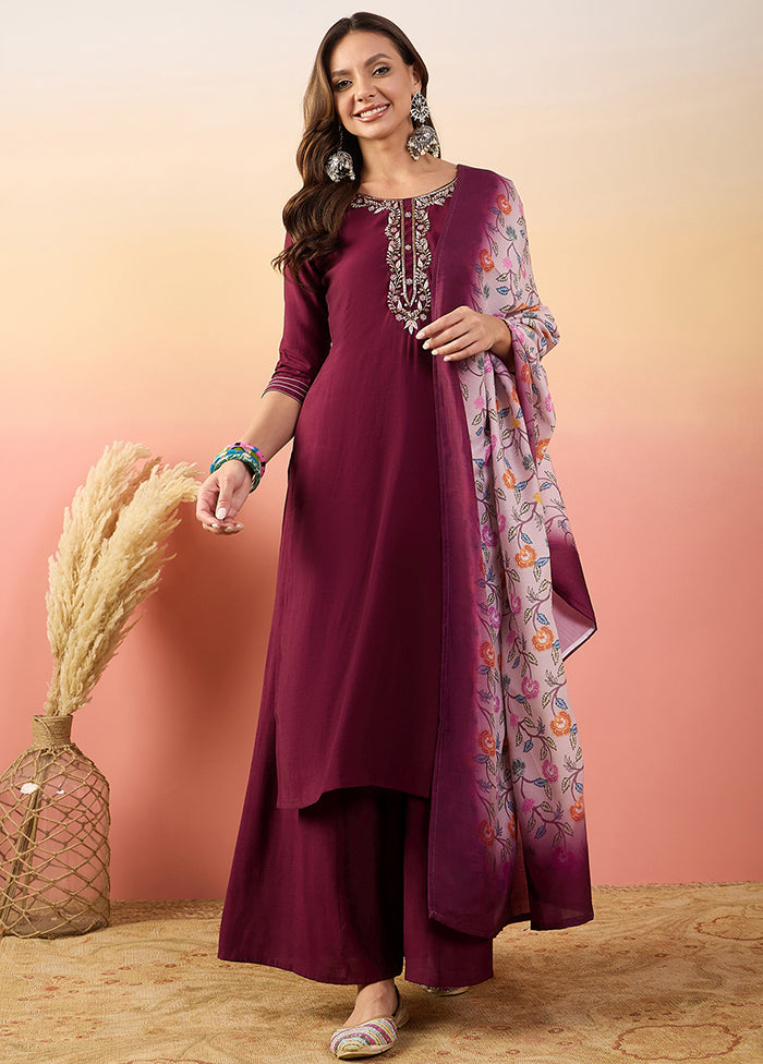 3 Pc Wine Readymade Silk Suit Set