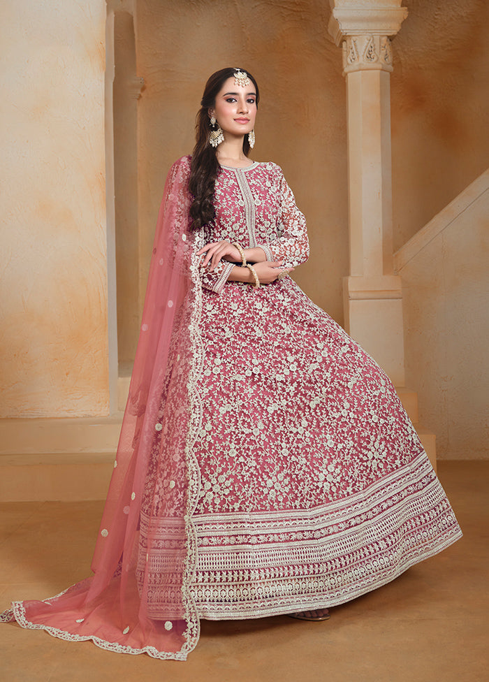 3 Pc Pink Semi Stitched Net Suit Set