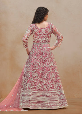 3 Pc Pink Semi Stitched Net Suit Set