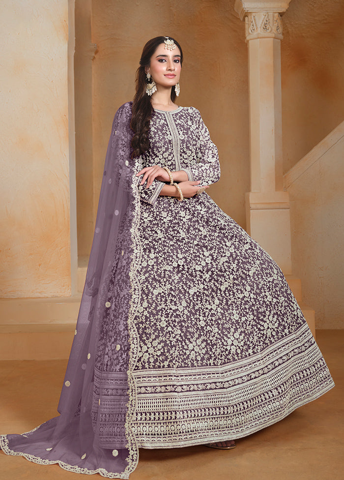 3 Pc Purple Semi Stitched Net Suit Set