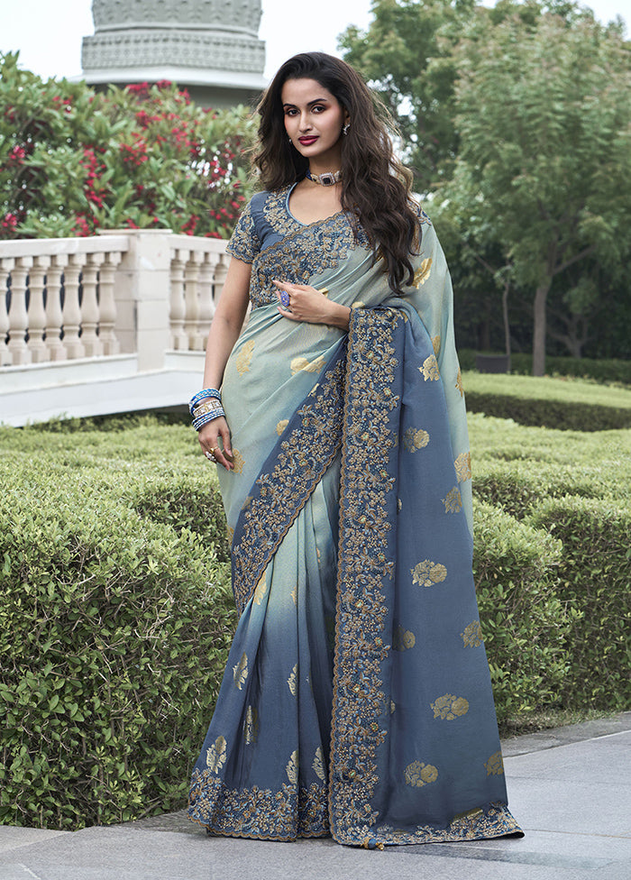 Blue Spun Silk Saree With Blouse Piece