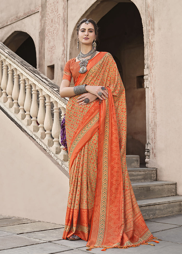 Orange Spun Silk Saree With Blouse Piece