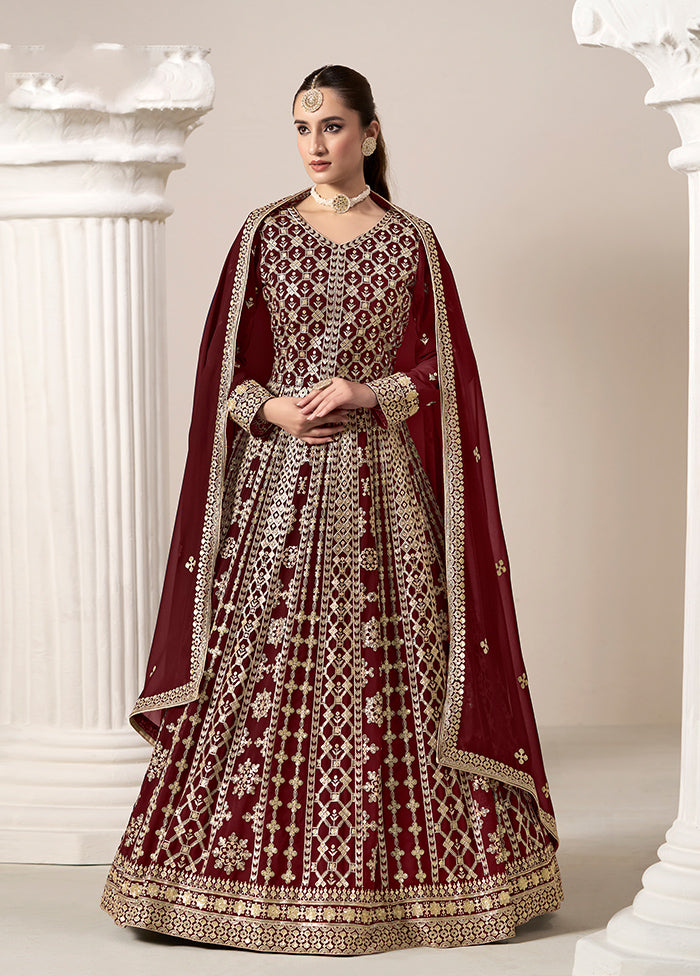 3 Pc Maroon Semi Stitched Georgette Suit Set