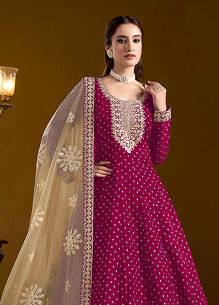 3 Pc Pink Semi Stitched Chanderi Suit Set