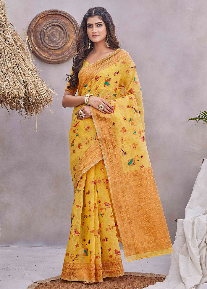 Yellow Linen Silk Saree With Blouse Piece