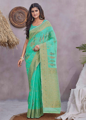 Sea Green Linen Silk Saree With Blouse Piece