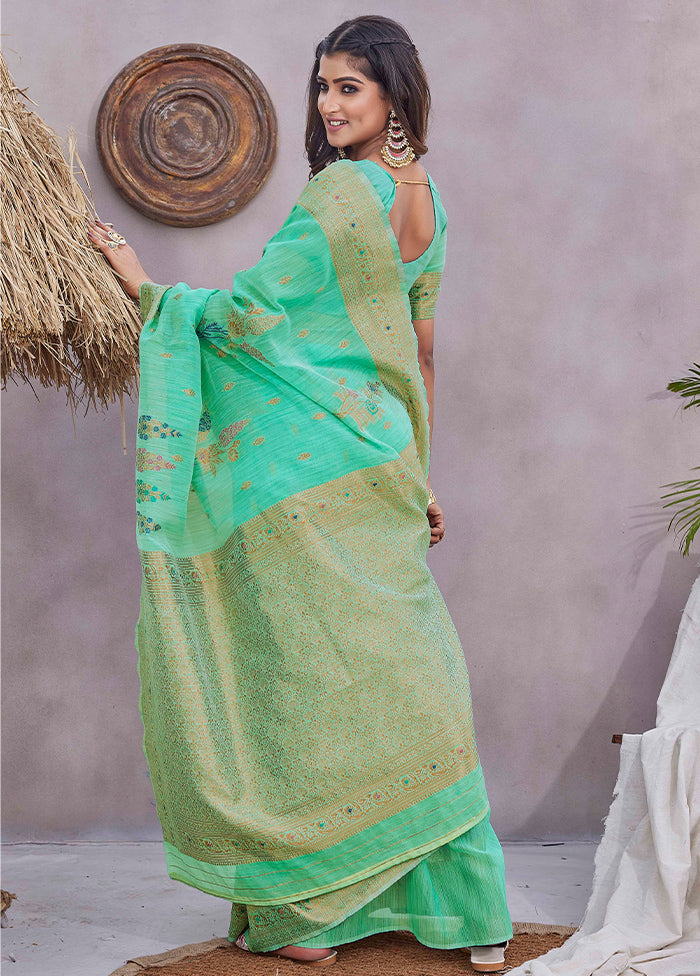 Sea Green Linen Silk Saree With Blouse Piece