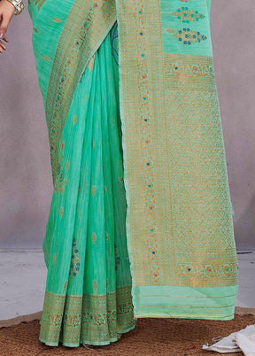 Sea Green Linen Silk Saree With Blouse Piece