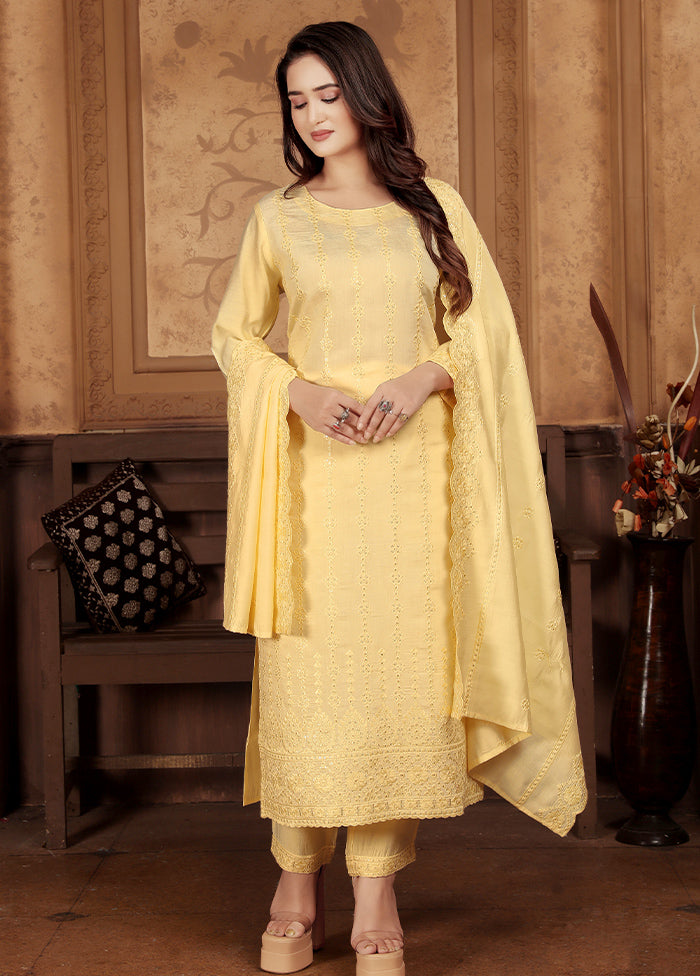 3 Pc Yellow Readymade Chanderi Suit Set