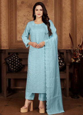 3 Pc Blue Readymade Chanderi Suit Set