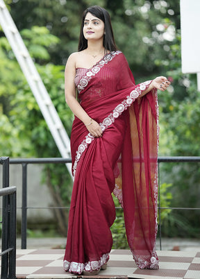 Maroon Satin Silk Saree With Blouse Piece