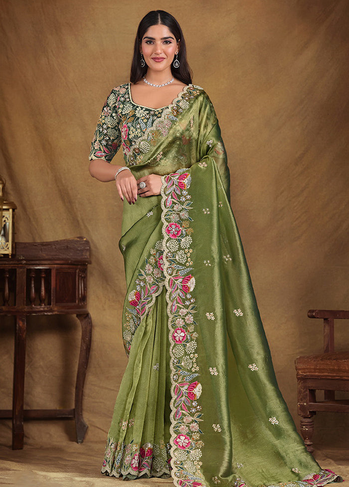 Olive Green Spun Pure Silk Saree With Blouse Piece