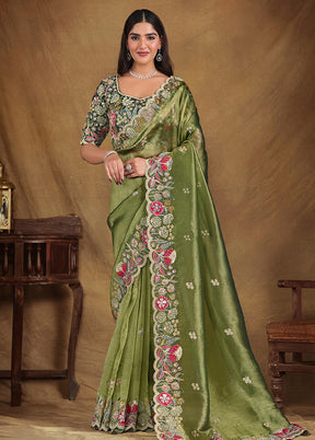 Olive Green Spun Pure Silk Saree With Blouse Piece