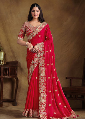 Red Satin Pure Silk Saree With Blouse Piece