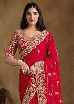 Red Satin Pure Silk Saree With Blouse Piece