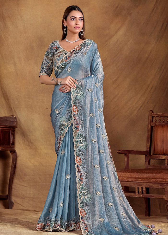 Light blue Satin Pure Silk Saree With Blouse Piece