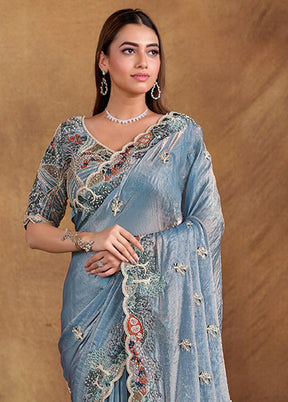 Light blue Satin Pure Silk Saree With Blouse Piece