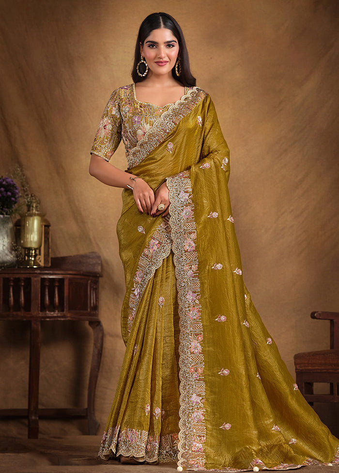 Mehendi Spun Pure Silk Saree With Blouse Piece