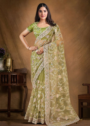 Green Net Net Saree With Blouse Piece