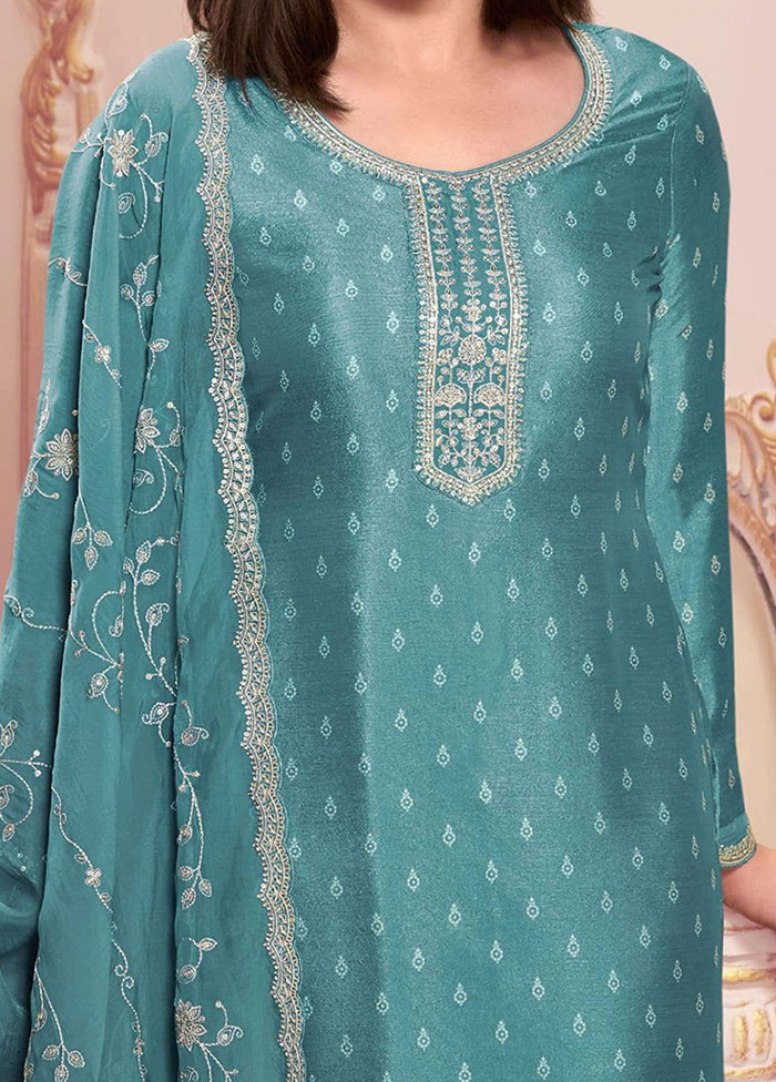 3 Pc Sky Blue Semi Stitched Georgette Suit Set