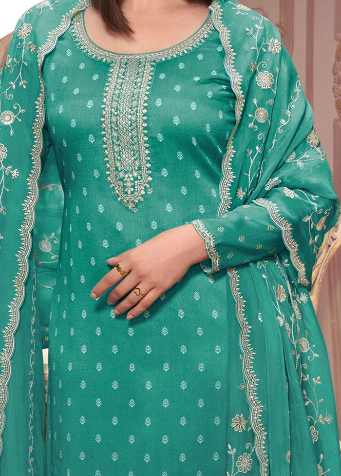 3 Pc Teal Green Semi Stitched Georgette Suit Set