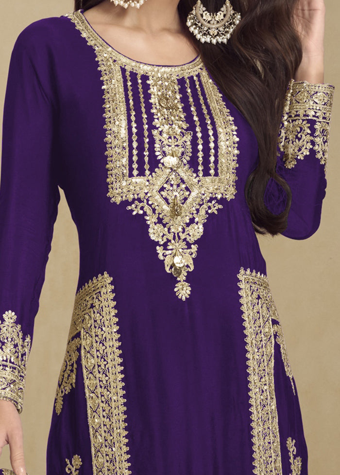 3 Pc Purple Semi Stitched Georgette Suit Set