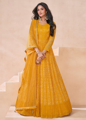 3 Pc Yellow Semi Stitched Georgette Suit Set