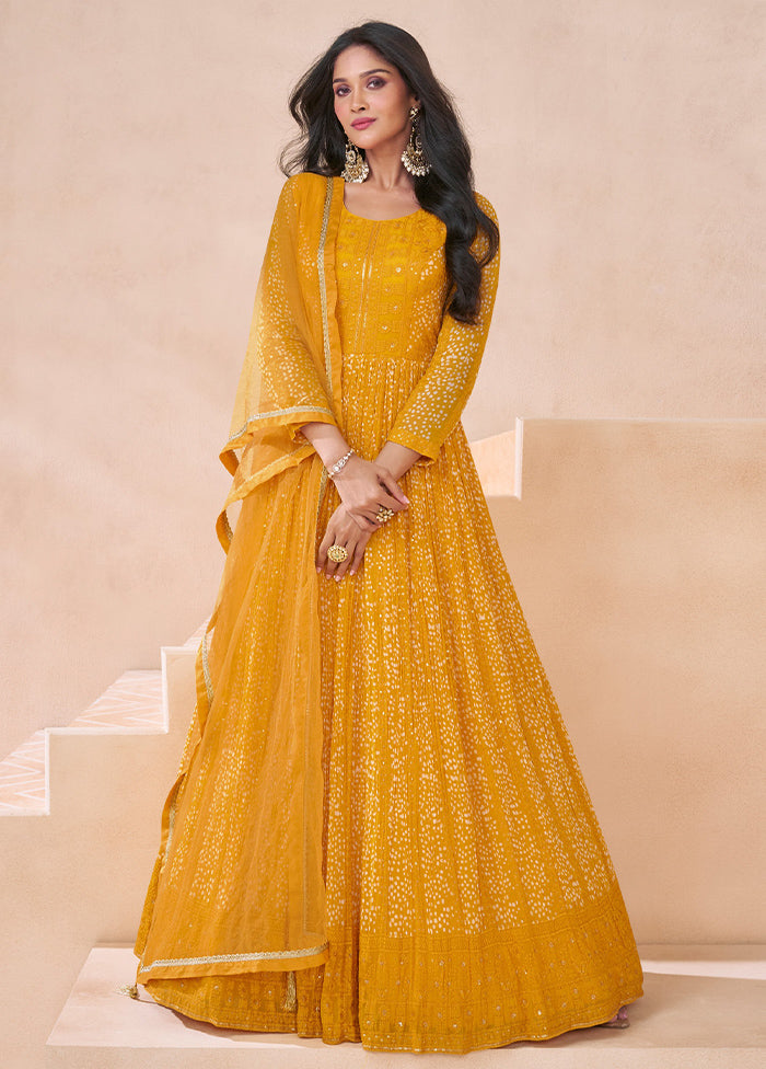 3 Pc Yellow Semi Stitched Georgette Suit Set