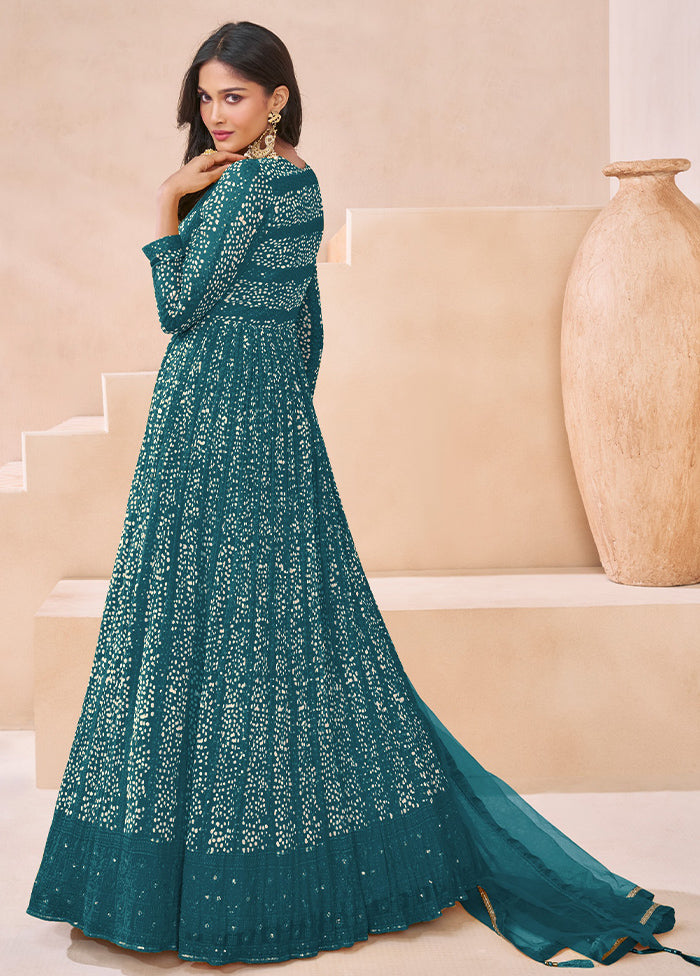 3 Pc Teal Semi Stitched Georgette Suit Set