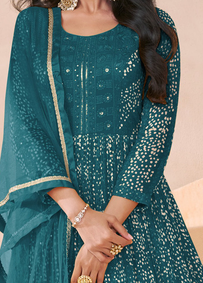 3 Pc Teal Semi Stitched Georgette Suit Set